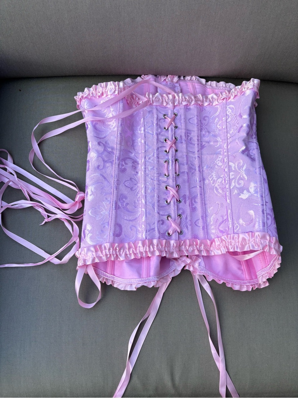 Pink Floral Brocade Lace Up Corset Top Ruffle Trim Boned Renaissance Fairy Small